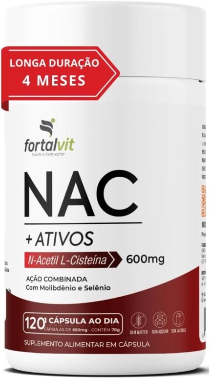 NAC 600mg com Molibdênio e Selênio, Longa Duração: 4 Meses de Uso, 120 cápsulas, Fortalvit